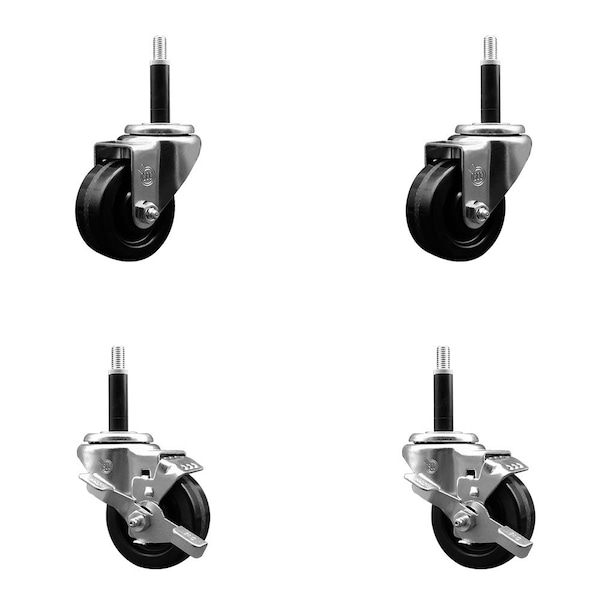 3'' Phenolic Wheel Swivel 3/4'' Expanding Stem Caster Set 2 Brakes, 4PK